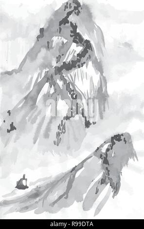 Black white mascara illustration of Chinese mountains and boat. Stock Vector