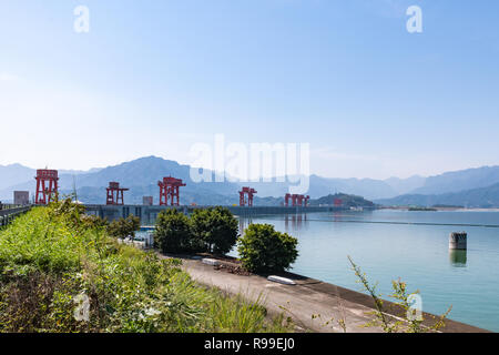 Three gorges dam - china - view of ship lift cranes and dam wall Stock Photo