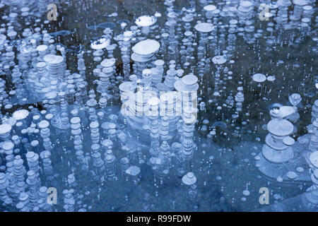 methane bubbles frozen into the ice on the surface of a mountain lake Stock Photo