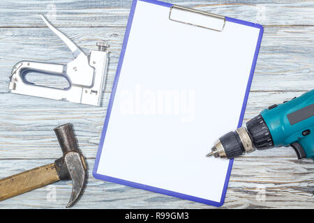 Set of tools on a wooden background, copyspace Stock Photo