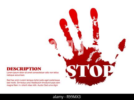 Flyer template with red hand print on a white background - stop lettering Stock Vector