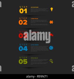Vector vertical five steps progress template with descriptions and icons - dark version Stock Vector
