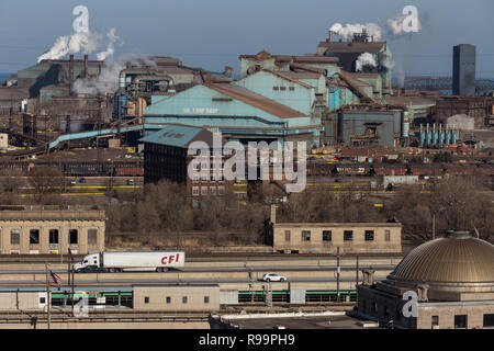 US Steel Gary Works lakefront steel mill in Northwest Indiana on a cold December morning, with the Indiana Toll Road in the foreground. Stock Photo