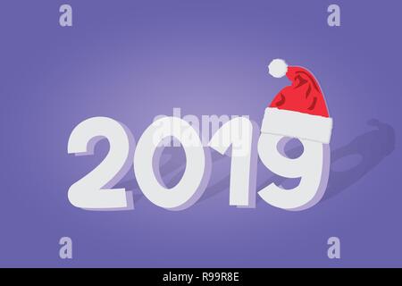 Inscription 2019 is white with a purple shade with a New Year hat on a figure with a shadow on a gradient blue color. Stock Vector