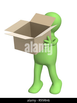 Puppet with empty opened box. Isolated over white Stock Photo