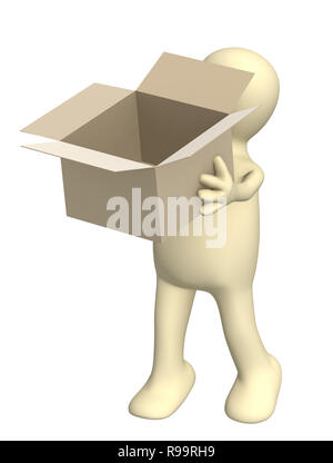 Puppet with empty opened box. Isolated over white Stock Photo