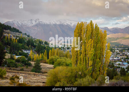 Scenic View Of Autumn Trees And Mountains Against Sky, Esquel, Chubut, Patagonia, Argentina Stock Photo