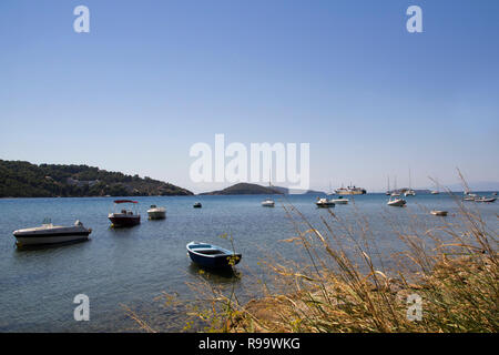 SKIATHOS, GREECE - AUGUST 18, 2017. Boats moored in the old harbour of Skiathos, Skiathos Town, Greece, August 18, 2017. Stock Photo