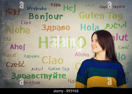 Pretty girl in front of a blackboard written with the word hello in different languages and colors. Opportunity for learning many languages for studen
