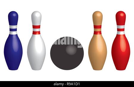 Bowling ball and colored bowling pins. 3D effect vector Stock Vector