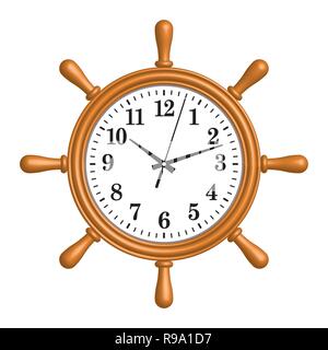 Wood ship wheel wall clock. 3D effect vector Stock Vector
