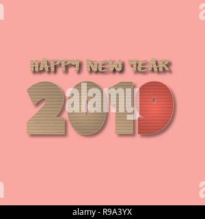 Happy new year 2019 creative illustration paper cut style. Cardboard cut number on pink background for web banner, postcard, poster, flyer, leaflet, s Stock Vector