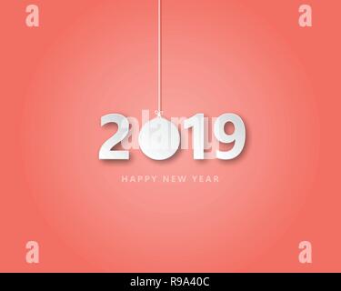 Happy new year 2019 creative illustration paper cut style. Number 2019 paper cut and Christmas ball decoration hanging on background for web banner, p Stock Vector