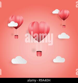 Creative valentines day postcard vector illustration paper cut style 2019 color trend background. Heart shape balloon and cloud on pink background for Stock Vector