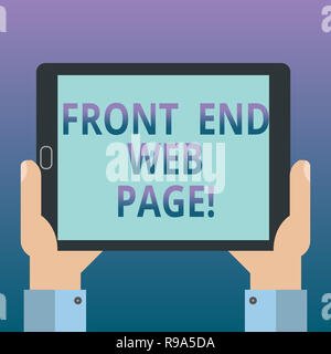 Handwriting text writing Front End Web Page. Concept meaning Converting data into graphical interface for users Hu analysis Hand Holding Blank Screen  Stock Photo