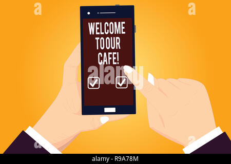Word writing text Welcome To Our Cafe. Business concept for Greeting receiving showing in restaurant good attention Hu analysis Hands Holding Pointing Stock Photo