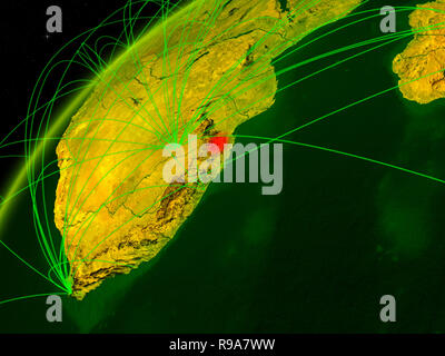 eSwatini on model of green planet Earth with international networks. Concept of digital communication and technology. 3D illustration. Elements of thi Stock Photo