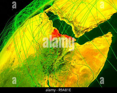 Eritrea on green model of planet Earth with network at night. Concept ...