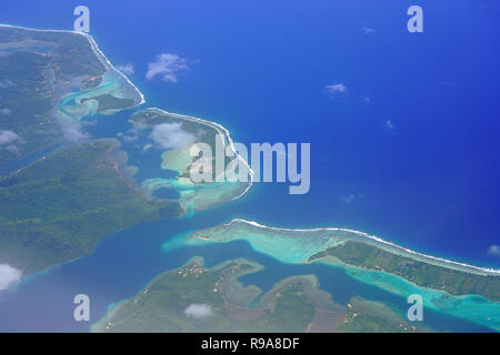 Aerial view of the island and lagoon of Huahine near Tahiti in French Polynesia, South Pacific Stock Photo