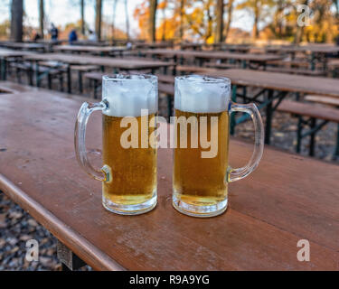 berli, Wannsee. Lorreta restaurant beer garden. Two beer glasses on table in Autumn. Empty tables Stock Photo