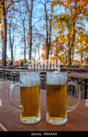 berli, Wannsee. Lorreta restaurant beer garden. Two beer glasses on table in Autumn. Empty tables Stock Photo