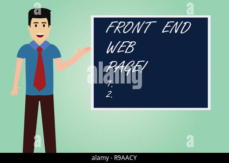 Handwriting text writing Front End Web Page. Concept meaning Converting data into graphical interface for users Man with Tie Standing Talking Presenti Stock Photo