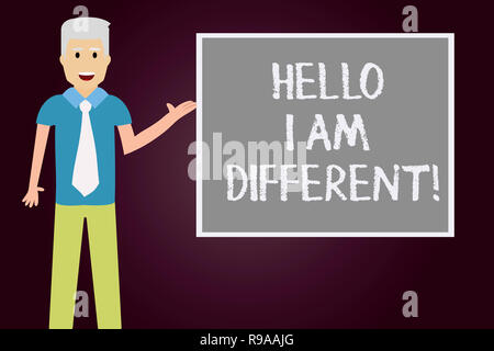 Conceptual hand writing showing Hello I Am Different. Business photo text Being original not a copy from others Innovative Man with Tie Talking Presen Stock Photo