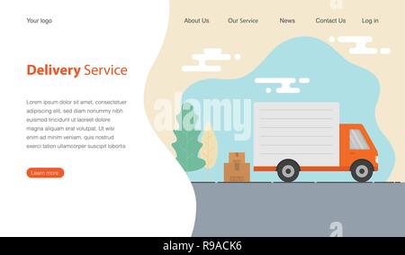 Website template design for delivery service company. Truck and cardboard boxes with fragile signs. Vector illustration. Stock Vector