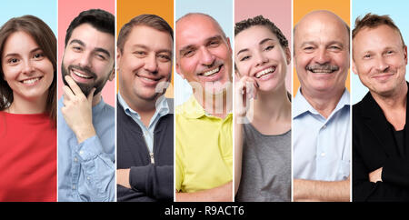 Collage of different people having good mood, smiling,looking confident and happy. Stock Photo