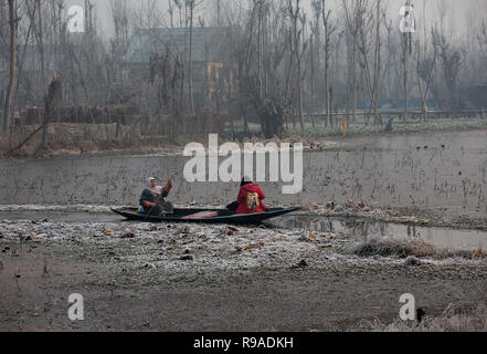 Srinagar, Indian-controlled Kashmir. 21st Dec, 2018. A Kashmiri woman rows her boat in the frozen Dal Lake on a cold morning in Srinagar city, the summer capital of Indian-controlled Kashmir, Dec. 21, 2018. Credit: Javed Dar/Xinhua/Alamy Live News Stock Photo