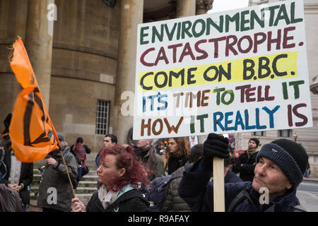 London, UK. 21st December, 2018. Environmental campaigners from Extinction Rebellion protest outside Broadcasting House against the lack of coverage by the BBC of the climate change crisis. Credit: Mark Kerrison/Alamy Live News Stock Photo