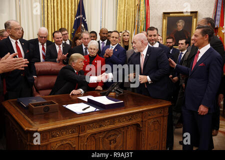 Washington, District of Columbia, USA. 21st Dec, 2018. United States President Donald J. Trump participates in a signing ceremony for S. 756, 'First Step Act'' and H.R. 6964, 'Juvenile Justice Reform Act'' in the Oval Office of the White House, in Washington, DC, December 21, 2018. Credit: Martin Simon/CNP/ZUMA Wire/Alamy Live News Stock Photo