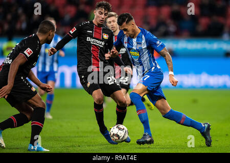 Leverkusen, Germany. 22nd Dec, 2018. Soccer: Bundesliga, Bayer Leverkusen - Hertha BSC, 17th matchday in the BayArena. Leverkusen's Kai Havertz (M) and Berlin's Davie Selke (r) fight for the ball. Leverkusen's Jonathan Tah runs on the left. Credit: Marius Becker/dpa - IMPORTANT NOTE: In accordance with the requirements of the DFL Deutsche Fußball Liga or the DFB Deutscher Fußball-Bund, it is prohibited to use or have used photographs taken in the stadium and/or the match in the form of sequence images and/or video-like photo sequences./dpa/Alamy Live News Stock Photo