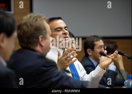 Carlos Ghosn, former president and CEO of Nissan Motor Co., speaks during an executive meeting at the automaker's HQ in Yokohama, Kanagawa Prefecture, Stock Photo