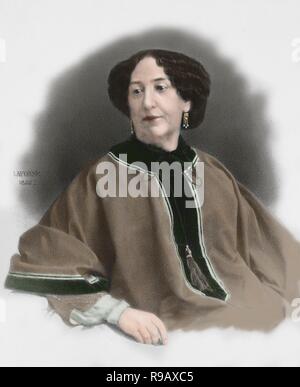 George Sand (1804-1876). French writer. Engraving by Lafosse, 1866. Colored. Stock Photo