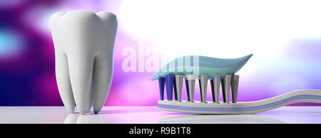 Dental care, hygiene. Tooth paste on a toothbrush and a tooth model, purple white background, banner. 3d illustration Stock Photo