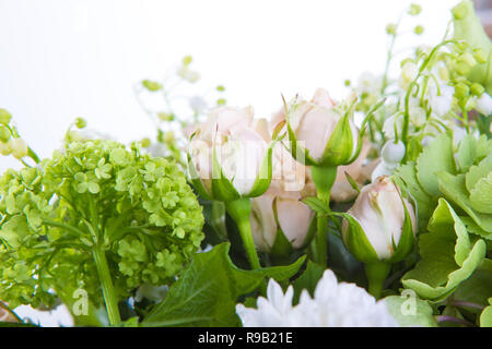 A large number of yety, a large lush bouquet of snowdrop, rose, bell and peony with greens in a large long stylish transparent vase on the leg on a wh Stock Photo