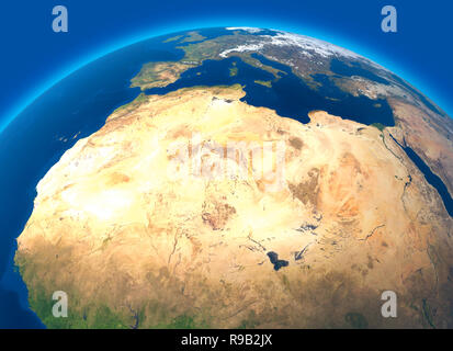 Physical map of the world, satellite view of North and central Africa. Globe. Hemisphere. Reliefs and oceans. 3d rendering Stock Photo