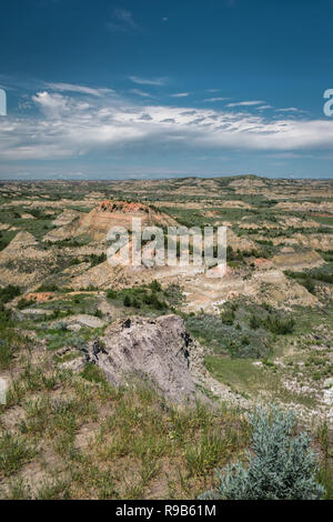 View of a badland area in Theodore Roosevelt National Park in North Dakota. Park is in the colorful North Dakota badlands. Stock Photo