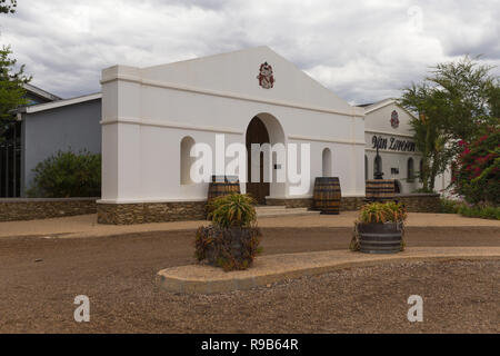 Van Loveren wine cellar building in Robertson against a cloudy sky background in the Western Cape, South Africa Stock Photo