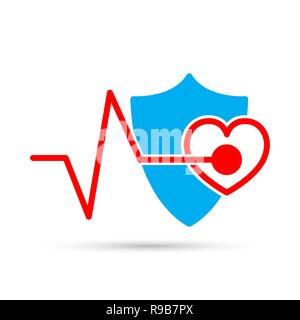 Shield with heartbeat sign, isolated. Vector illustration. Concept of cardiology protection Stock Vector
