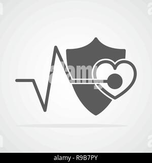 Shield with heartbeat sign, isolated. Vector illustration. Concept of cardiology protection Stock Vector