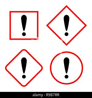 Set of the attention icons. Vector illustration. Danger symbols in flat design. Exclamation mark in a red frame. Stock Vector