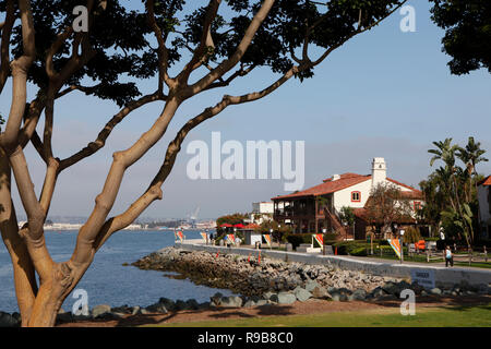 USA, California, San Diego, Seaport Village waterfront shopping and dining complex next to the San Diego Bay Stock Photo