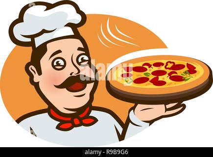 Happy chef holding a pizza tray. Logo or label, cartoon vector illustration Stock Vector