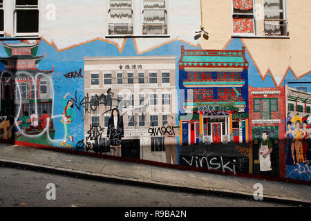 USA, California, San Francisco, a painted wall in an alley near the Beat Museum, North Beach Stock Photo