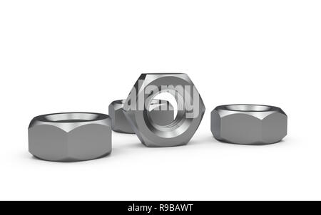 Metal nuts isolated on a white background, 3D illustration Stock Photo
