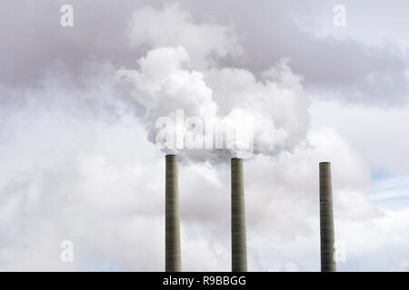 Coal Power Plant Smokestacks Emitting Toxic Fumes - Global Warming, Climate Change Concept Stock Photo