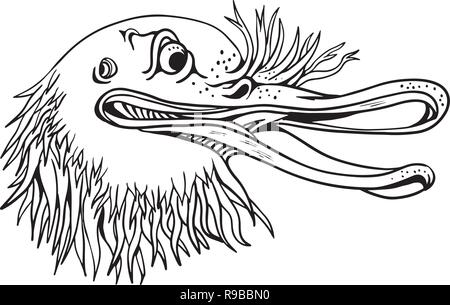 Cartoon and graffitti style illustration of an angry and aggressive kiwi head, a flightless bird native to New Zealand, looking to side on isolated ba Stock Vector