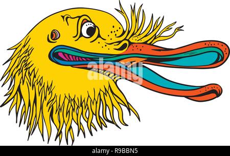 Graffitti style illustration of an angry and aggressive kiwi head, a flightless bird native to New Zealand, looking to side on isolated background in  Stock Vector